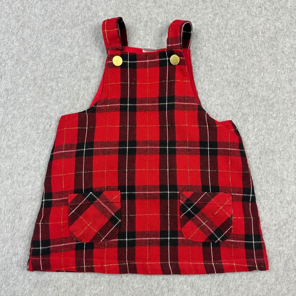 Little Me Red Plaid Holiday Jumper Dress Gold Metallic Tartan Kids Size 12M